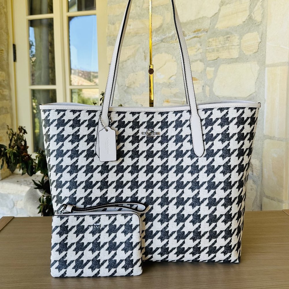 Coach City Tote with Houndstooth Print & Wristlet Set SV/Cream/Black NWT Women